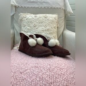 Ugg Kallen Brown Suede Slippers with White Pom Poms